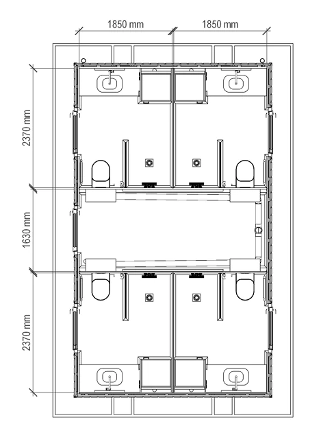Plattegrond met maatvoering van Sani-unit Delta