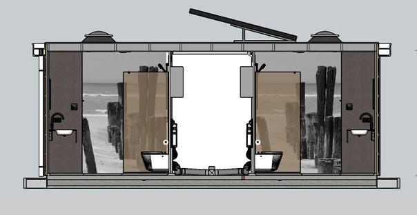 Doorsnede van twee badkamers van Sani-unit Delta