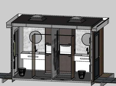 Opengewerkt interieur met wastafels van Sani-unit Delta
