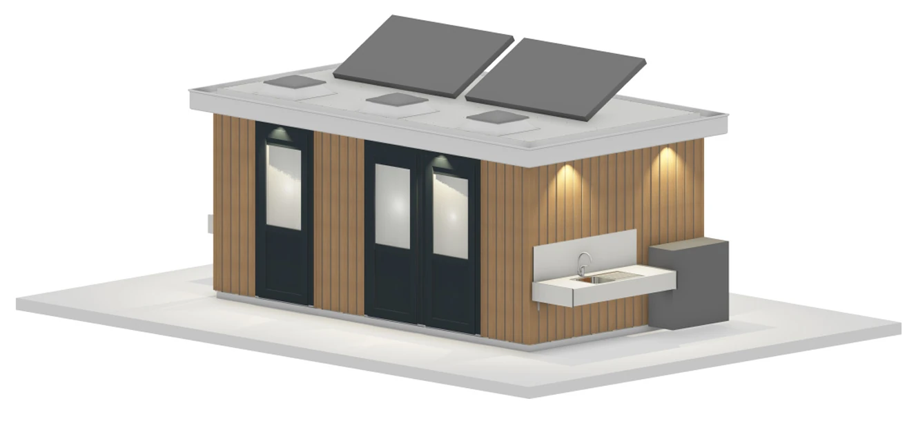 Buitenzijde vanuit de derde hoek van Sani-unit Dijk