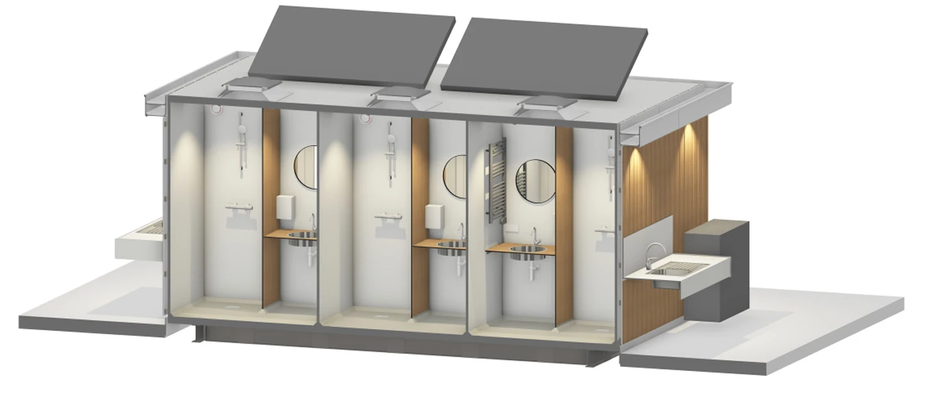 Opengewerkt interieur met badkamers van Sani-unit Dijk