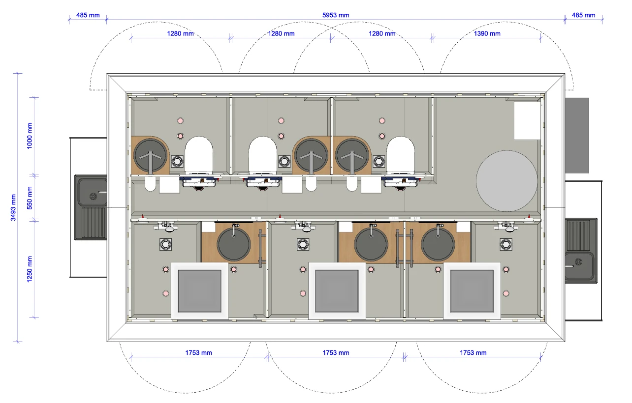 Plattegrond met maatvoering van Sani-unit Dijk