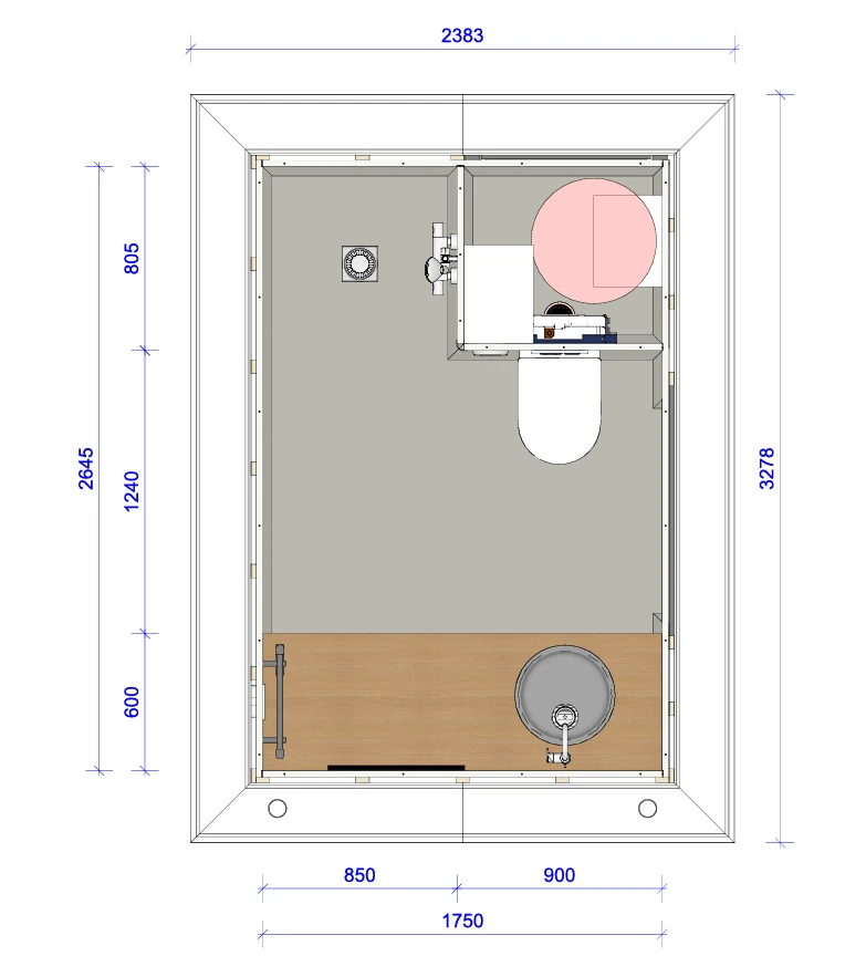 Plattegrond met maatvoering van Sani-unit Duin