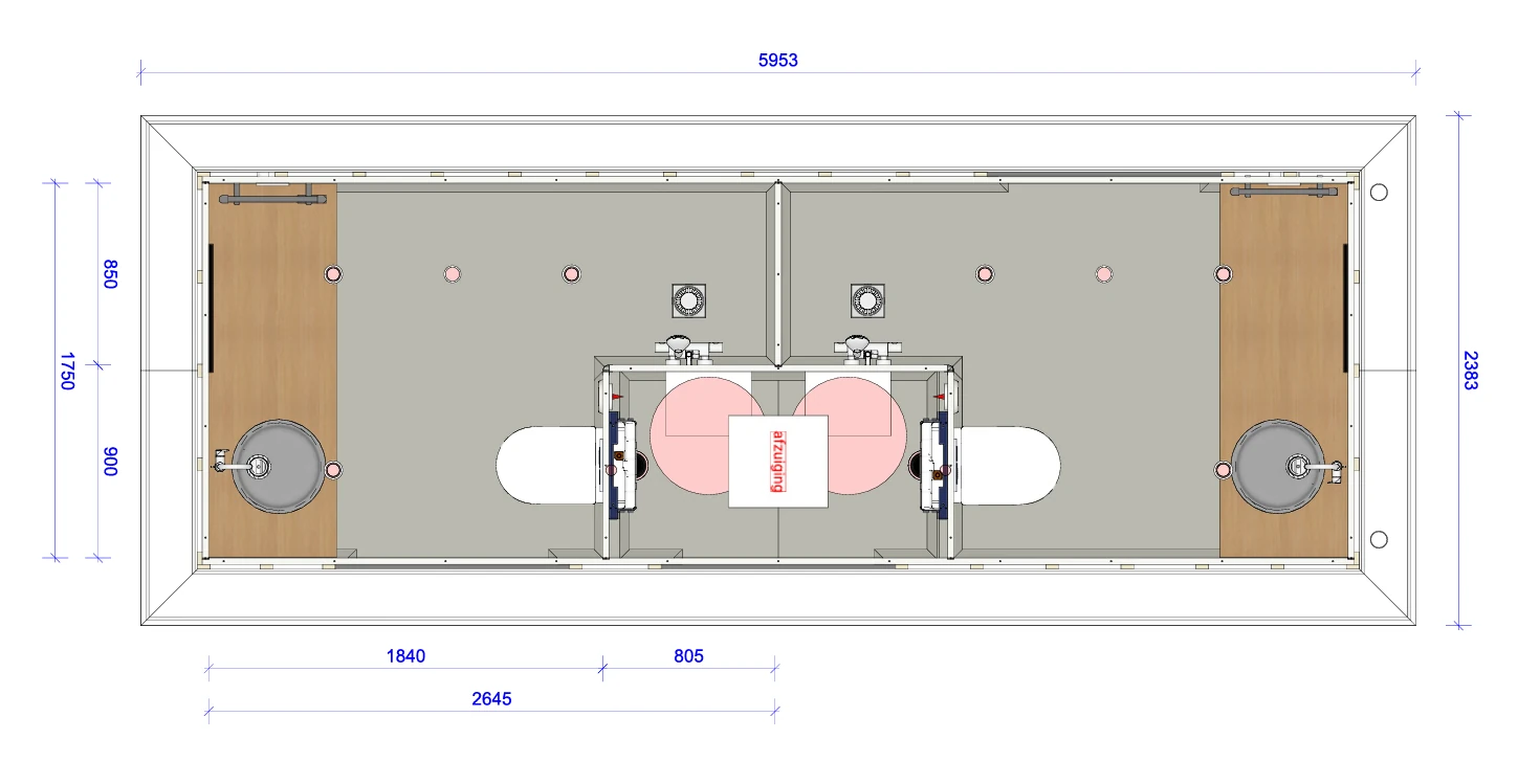 Plattegrond met maatvoering van Sani-unit Kreek