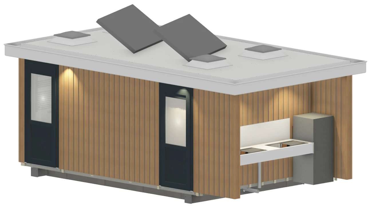 Buitenzijde vanuit de tweede hoek van Sani-unit Vliet