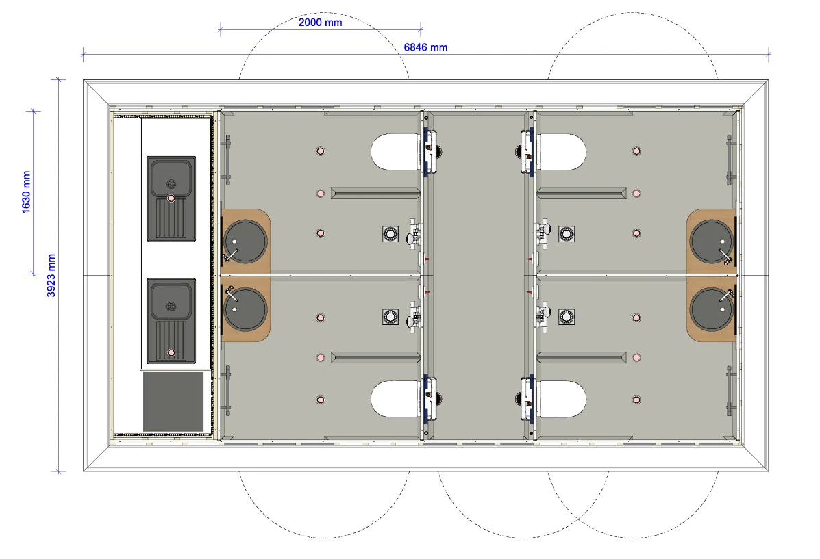 Plattegrond met maatvoering van Sani-unit Vliet